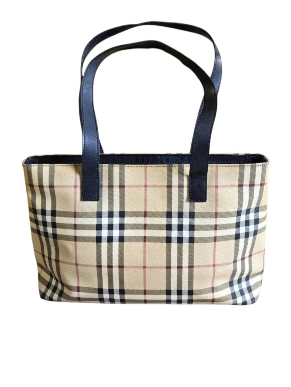 Burberry Beige Check Canvas Tote with Navy Straps